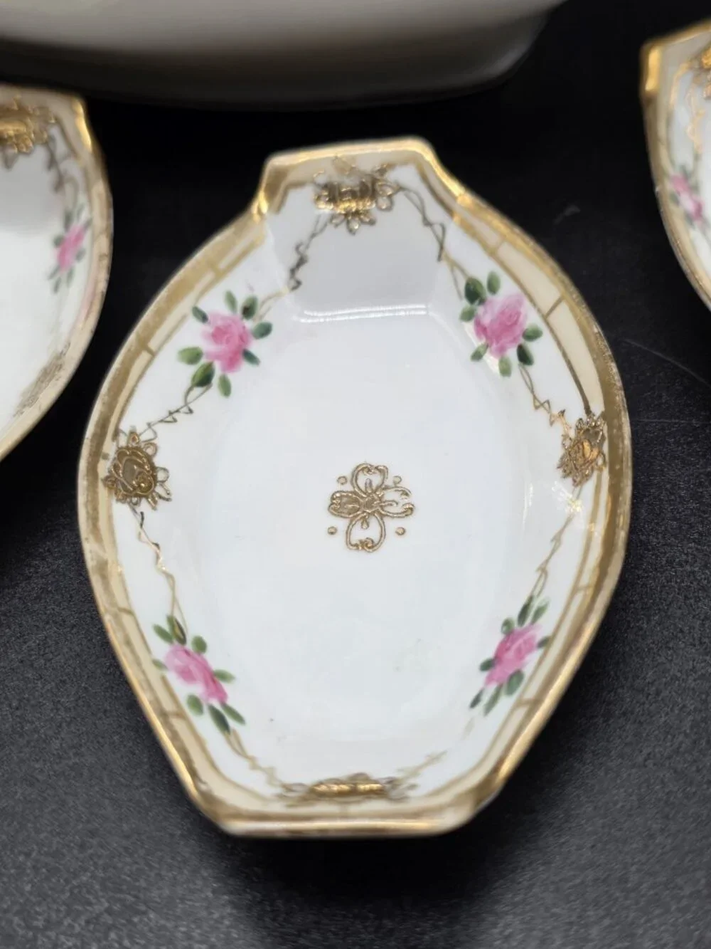 Antique Nippon Handpainted Celery Dish & 5 Matching Salts From Japan Victorian